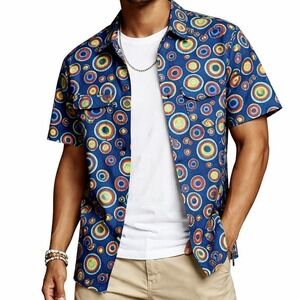 JOGAL Retro Circle Print Shirt Men's Large Blue Multicolor Psychedelic Button Up